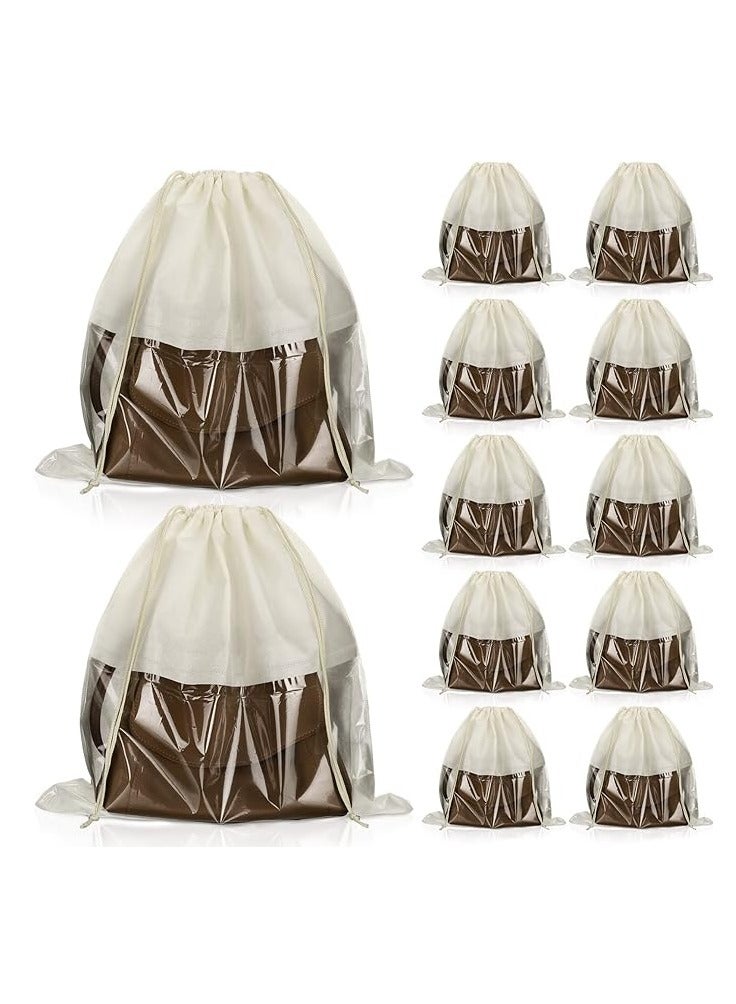 12 Pcs Dustproof Drawstring Bags, Dust Bags Covers, Non Woven Fabric Cloth Storage, Pouch String Dust Bags for Purse Handbags Packing Shoe Pouch Bag Organizer, PVC Clear Window Drawstring (Beige)  - Image 1