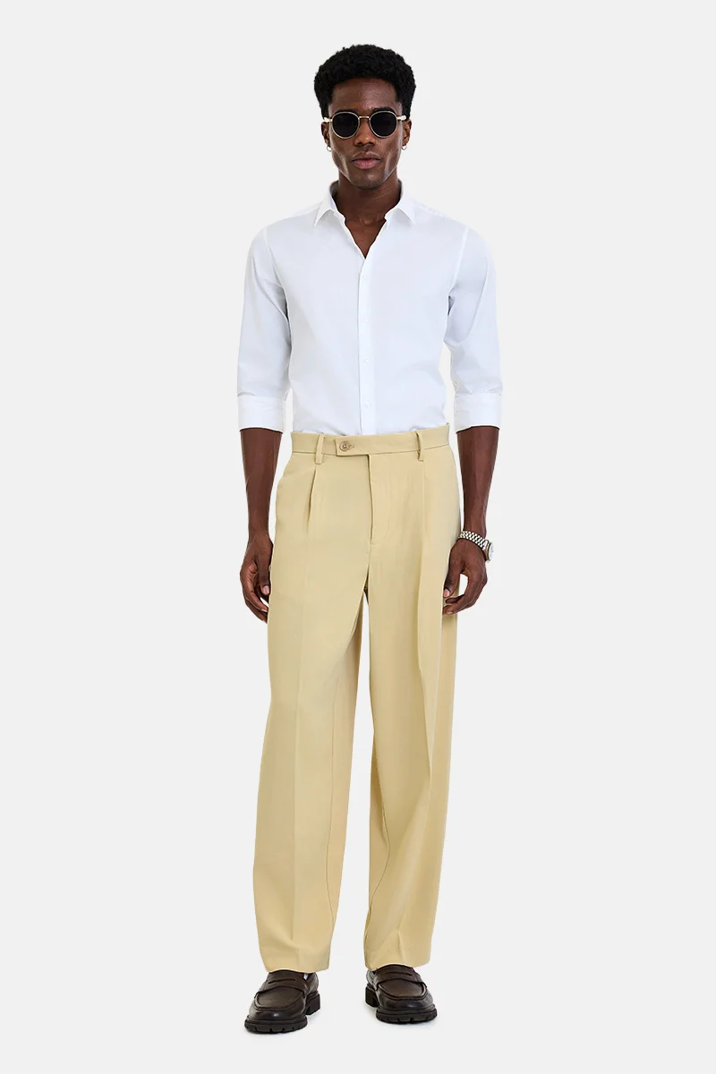 SNITCH Cream Textured Loose Fit Formal Trousers