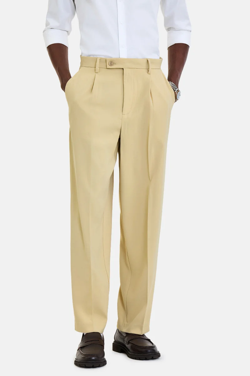 SNITCH Cream Textured Loose Fit Formal Trousers