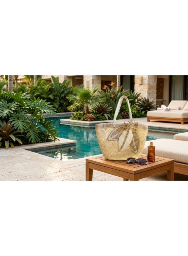 Botanical Straw Beach Bag for Women- Summer New Fashionable Handbag, Shoulder Bag, Tote Bag With Large Capacity And High Quality For Women - Image 3