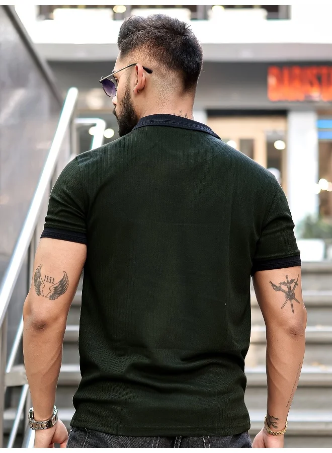 Maniac  Maniac Mens half zip polo neck solid half sleeve olive and black cotton slim fit t-shirt for Men | Best Price UAE