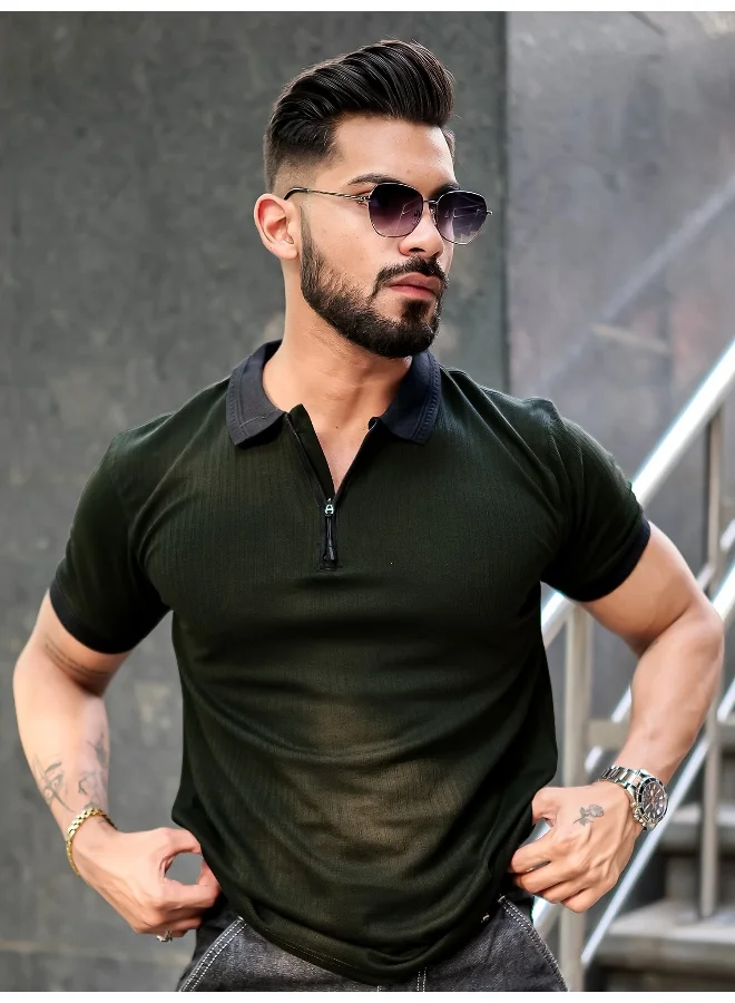 Maniac  Maniac Mens half zip polo neck solid half sleeve olive and black cotton slim fit t-shirt for Men | Best Price UAE