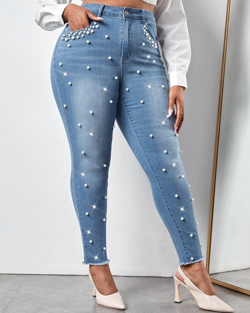 Ladyful Women's Pearls Skinny Jeans Butt Lifting High Waist Stretchy Rhinestones Denim Pants Light Blue - Image 3