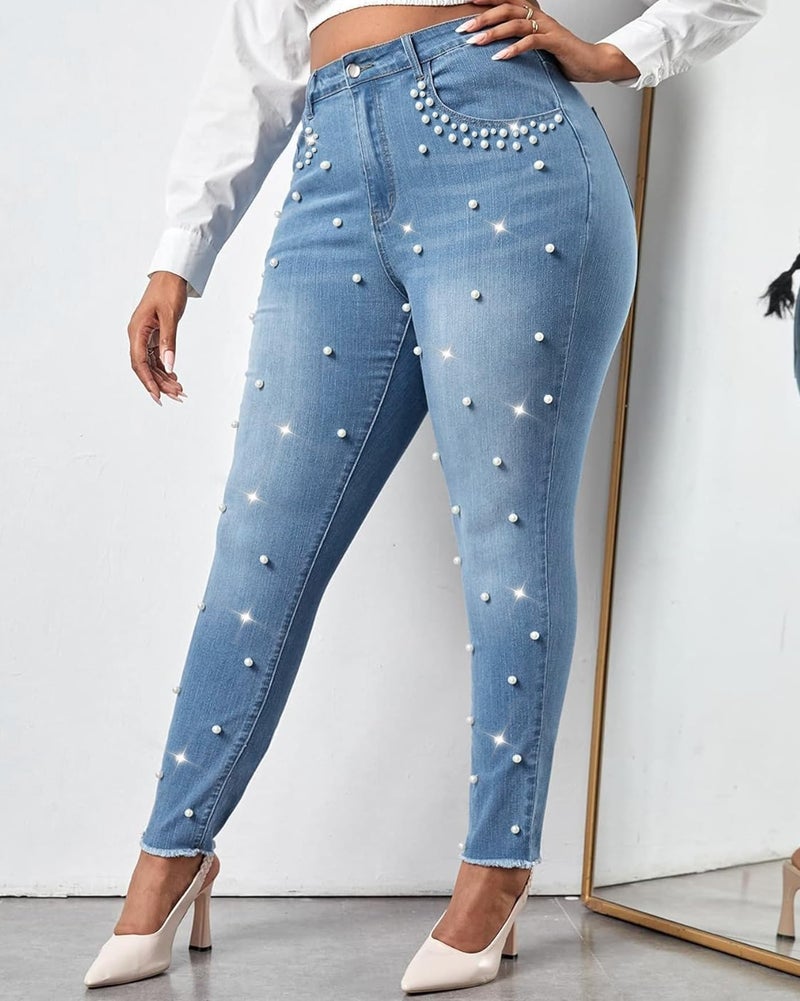 Ladyful Women's Pearls Skinny Jeans Butt Lifting High Waist Stretchy Rhinestones Denim Pants Light Blue - Image 5