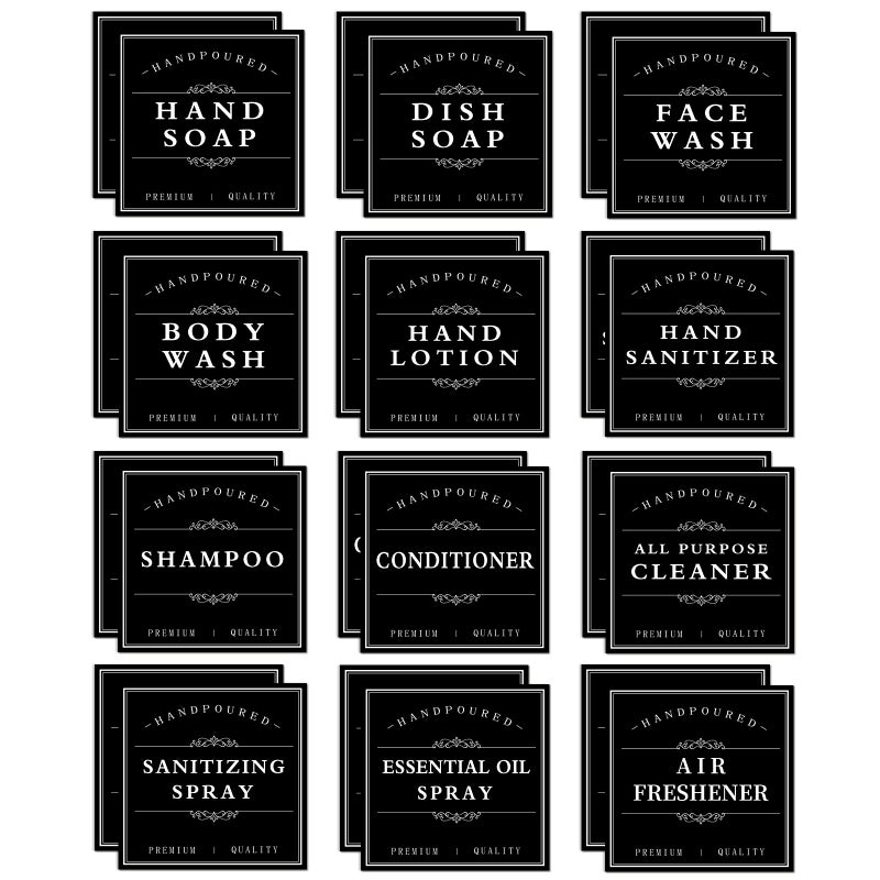 TESWEY 24PCS Waterproof Soap Labels for Bottles Bathroom Hand Soap Label Stickers Shampoo and Conditioner Dispenser Labels for GlassPlastic Spray Bottle Black