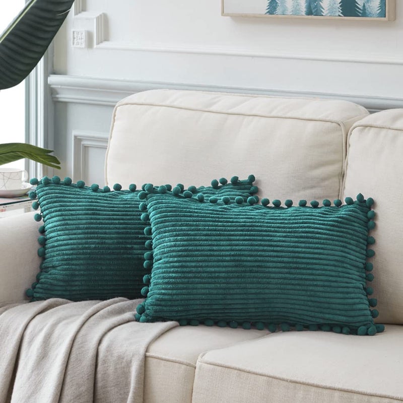 Fancy Homi Pack of 2 Teal Decorative Throw Pillow Covers 12x20 Inch with Pompoms for Living Room Couch Sofa Bedroom Soft Corduroy Solid Lumbar Cushion Case 30x50 cm Rustic Farmhouse Home Decor