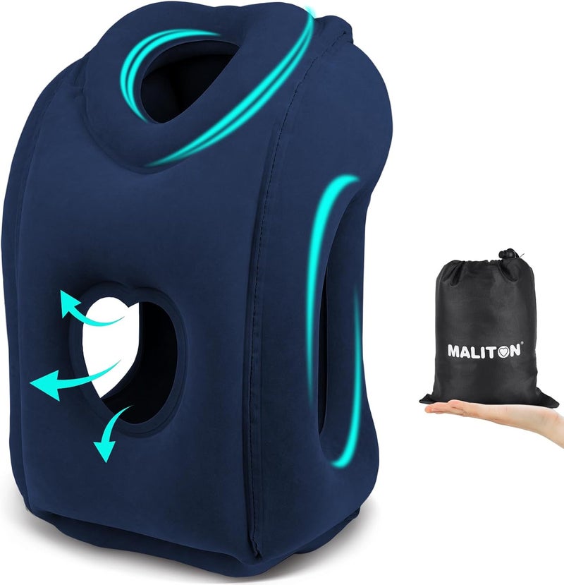 Maliton Inflatable Travel Pillow for Airplane Comfortable Sleeping to Relieve Neck and Shoulder Pain, Support Head Inflatable Pillow for Long Flights, Used for Airplanes, Cars, Trains, Office(Blue) - Image 1