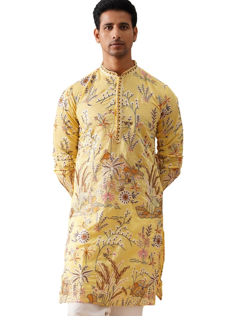 Jompers Floral Embroidered Straight Kurta in Yellow - Image 1