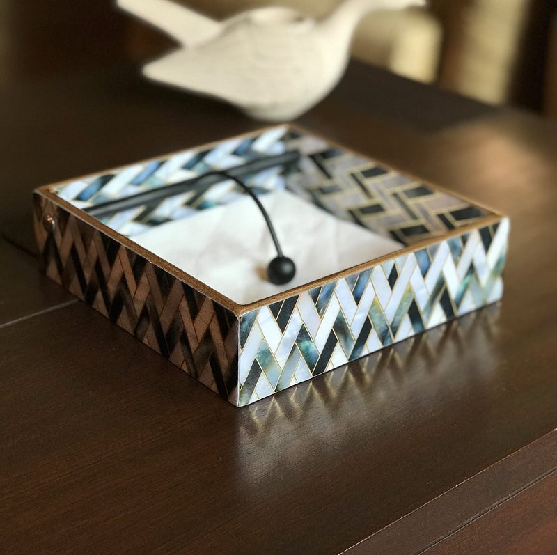 DULI Premium Engineered Wood Napkin Holder with Elegant Woven Design | Digital Print & Water-Resistant Lacquer Coating (MOP Zigzag) - Image 5