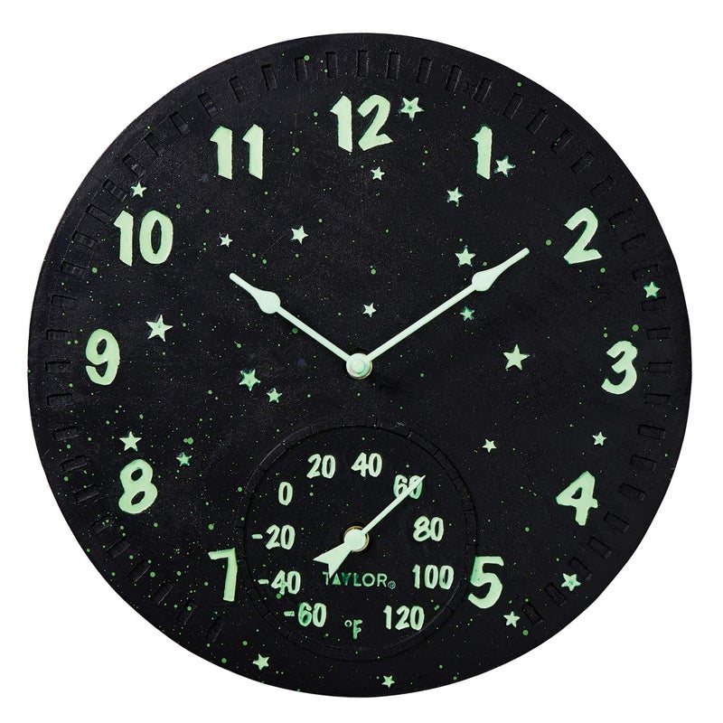 Taylor Galaxy GlowInTheDark Poly Resin Indoor and Outdoor Clock and Thermometer Home Decor for Garden Patio Pool and Indoor Areas 14inch MultiColor