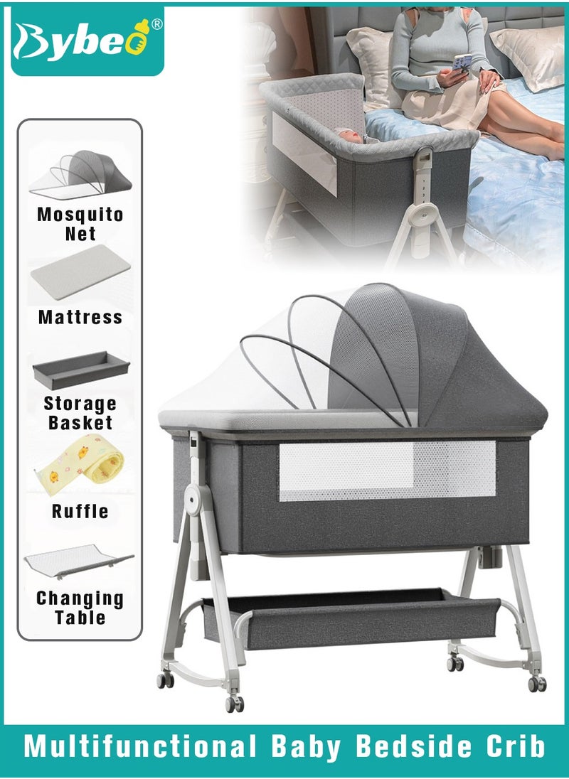 Bybeo 4-in-1 Baby Bedside Crib, Folding Baby Bassinet,Infant Cots, Portable Babies Bed Adjustable Infant Sleeper With Mosquito Net, Diaper Changing Table, Mattress & Storage Basket  - Image 1