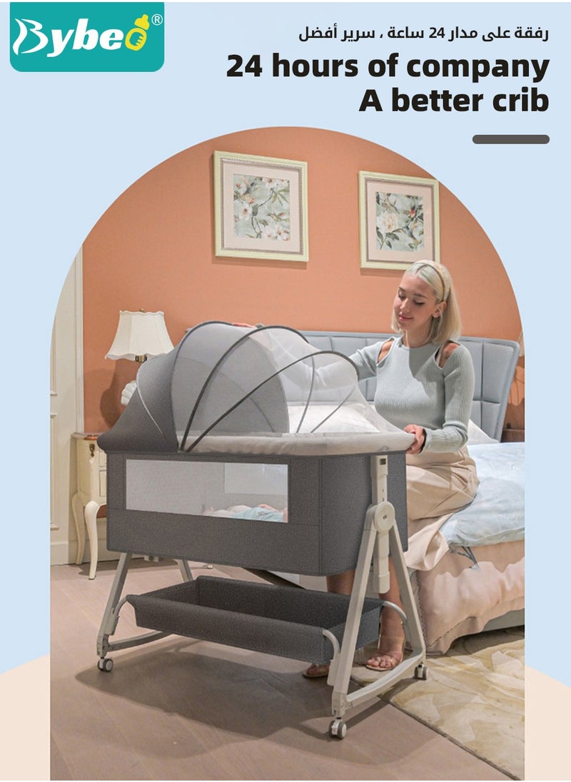 Bybeo 4-in-1 Baby Bedside Crib, Folding Baby Bassinet,Infant Cots, Portable Babies Bed Adjustable Infant Sleeper With Mosquito Net, Diaper Changing Table, Mattress & Storage Basket  - Image 2