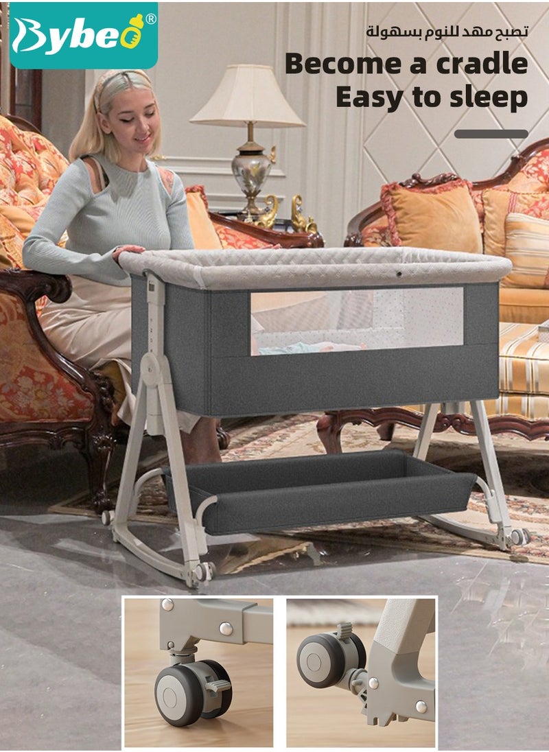 Bybeo 4-in-1 Baby Bedside Crib, Folding Baby Bassinet,Infant Cots, Portable Babies Bed Adjustable Infant Sleeper With Mosquito Net, Diaper Changing Table, Mattress & Storage Basket  - Image 5