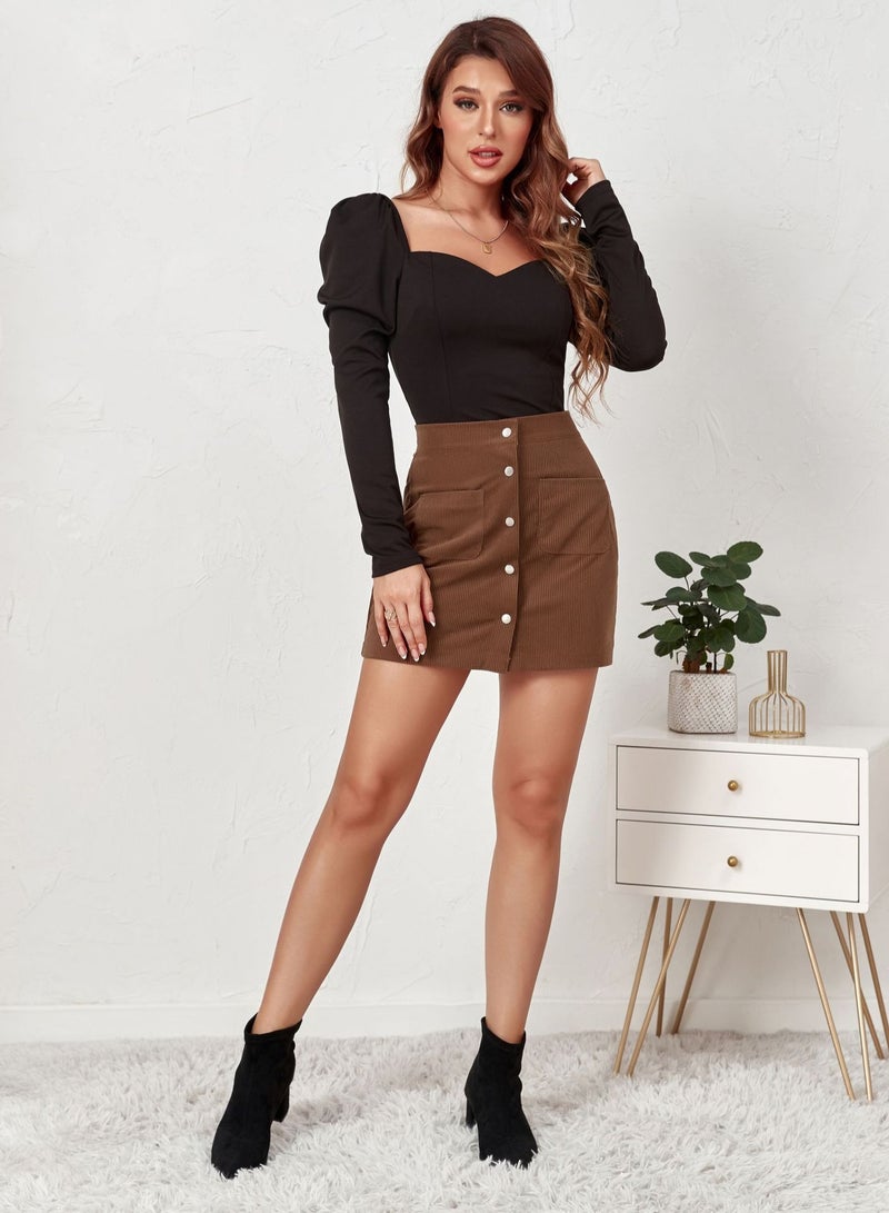 Loquat Women's Autumn And Winter New Corduroy Short Skirt Single Breasted Slim Solid Color Skirt  - Image 1