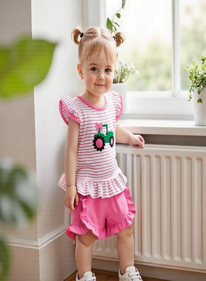 Mobbdow Toddler Baby Girl Farm Outfit Tractor Embroidery Stripe Flutter Sleeve Shirt Tops Ruffle Shorts Set Summer Clothes (Pink, 2-3T) - Image 5