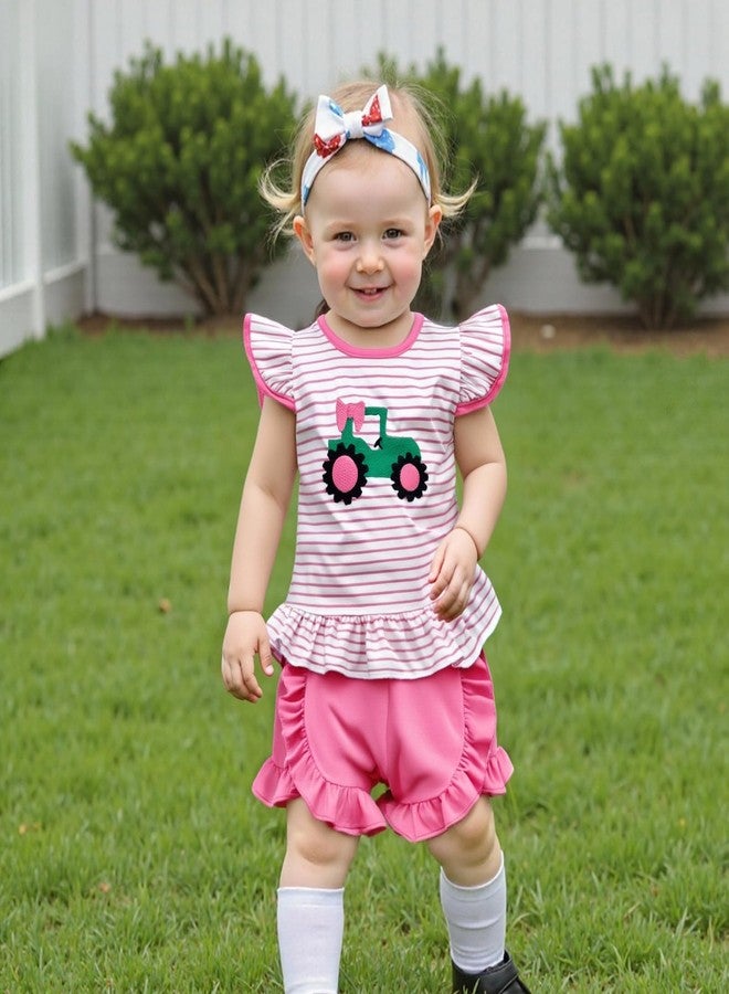 Mobbdow Toddler Baby Girl Farm Outfit Tractor Embroidery Stripe Flutter Sleeve Shirt Tops Ruffle Shorts Set Summer Clothes (Pink, 2-3T) - Image 4