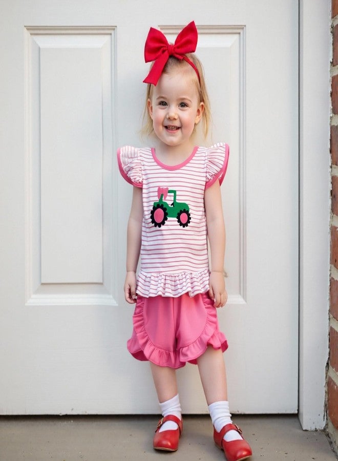 Mobbdow Toddler Baby Girl Farm Outfit Tractor Embroidery Stripe Flutter Sleeve Shirt Tops Ruffle Shorts Set Summer Clothes (Pink, 2-3T) - Image 3