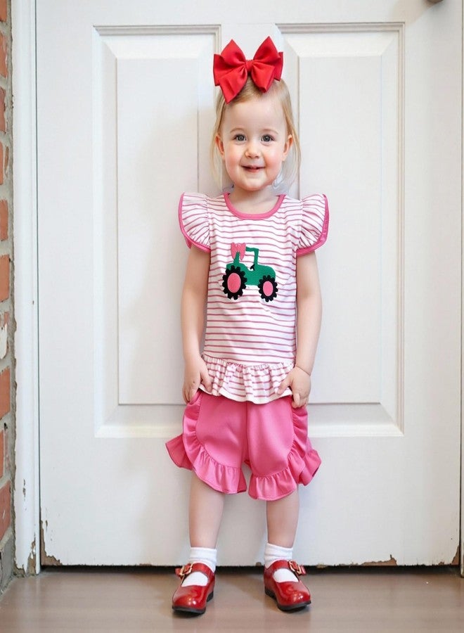 Mobbdow Toddler Baby Girl Farm Outfit Tractor Embroidery Stripe Flutter Sleeve Shirt Tops Ruffle Shorts Set Summer Clothes (Pink, 2-3T) - Image 2
