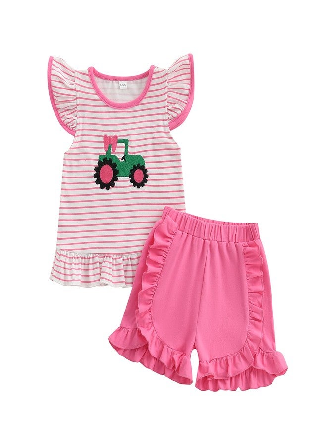 Mobbdow Toddler Baby Girl Farm Outfit Tractor Embroidery Stripe Flutter Sleeve Shirt Tops Ruffle Shorts Set Summer Clothes (Pink, 2-3T) - Image 1