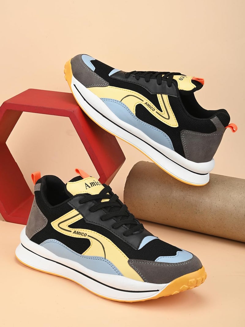 Amico Men Sports Running Shoes Size 6 | Black Yellow Lightweight Shoes | Comfortable Walking Gym Shoes | Stylish Sports Shoes for Men Active Footwear - Image 2