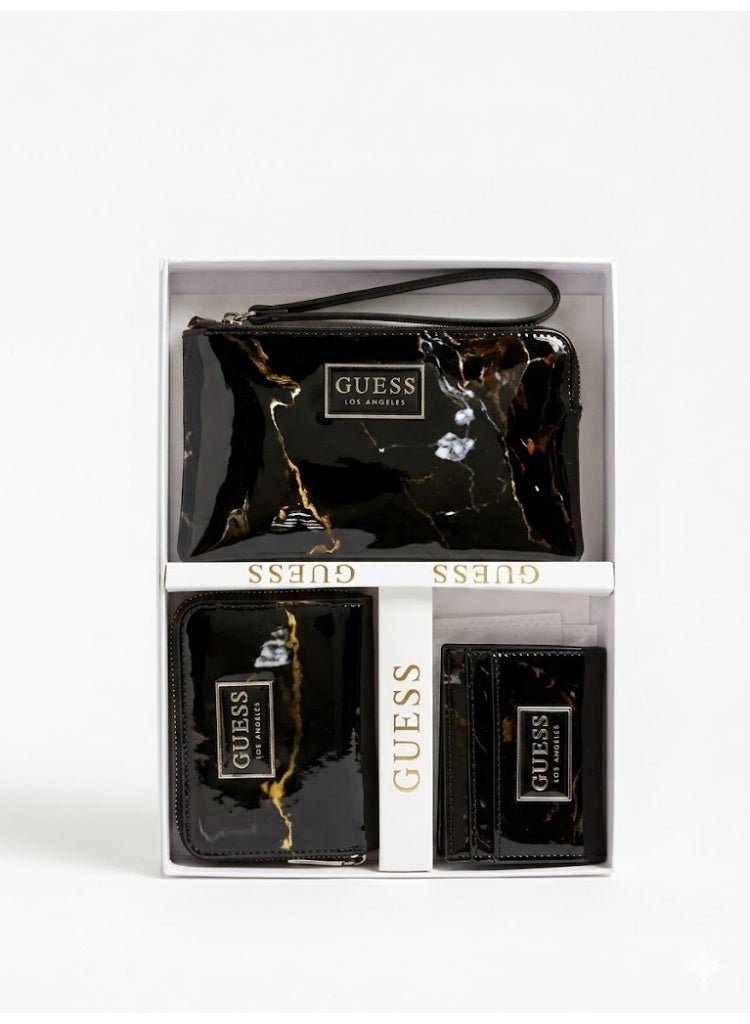 GUESS Women's 3-Piece Gift Set - Marble Print Pouch, Wallet, and Card Holder - Black/Gold - Image 1