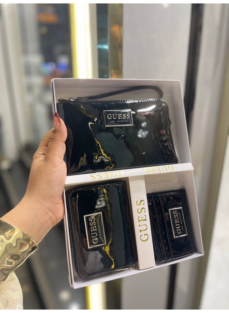 GUESS Women's 3-Piece Gift Set - Marble Print Pouch, Wallet, and Card Holder - Black/Gold - Image 2