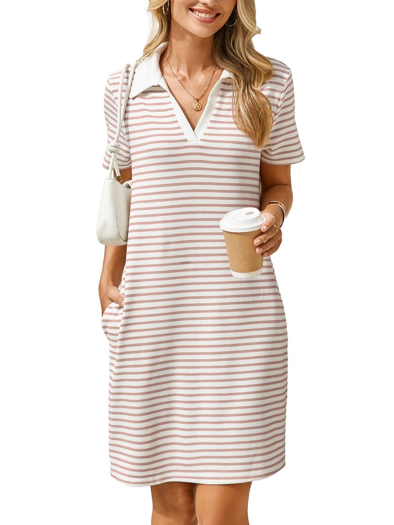 Glamaker Women T Shirt Summer Dress Casual Business Mini Loose V-Neck Short Sleeve Striped Dresses Pockets 2025 Trendy (Medium,Striped Light Khaki) - Image 1