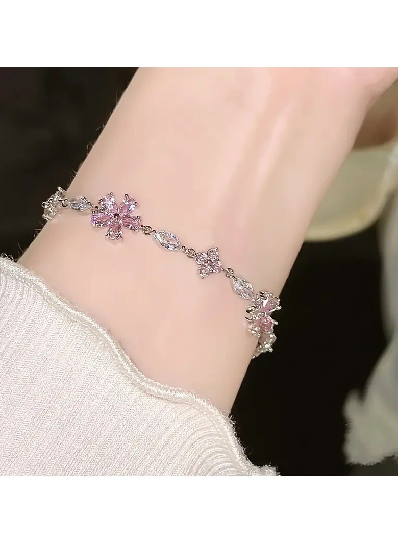 Goolsky 1pc-Pink Cherry Blossom Chain Bracelet for Women, Fashionable and Lovely Exquisite Square Synthetic Zirconia Flower Petal Cherry Blossom Bracelet Adjustable - Image 1