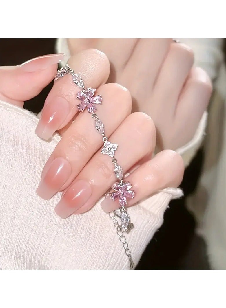 Goolsky 1pc-Pink Cherry Blossom Chain Bracelet for Women, Fashionable and Lovely Exquisite Square Synthetic Zirconia Flower Petal Cherry Blossom Bracelet Adjustable - Image 3