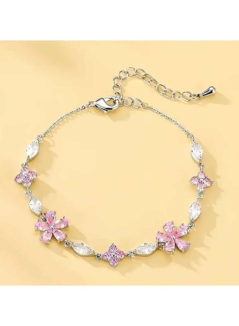 Goolsky 1pc-Pink Cherry Blossom Chain Bracelet for Women, Fashionable and Lovely Exquisite Square Synthetic Zirconia Flower Petal Cherry Blossom Bracelet Adjustable - Image 2