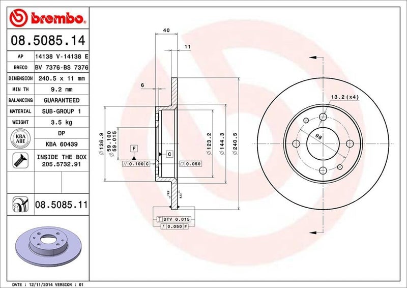 Brembo 08.5085.11 UV Coated Solid Front/Rear Brake Rotor for ABARTH/ALFA ROMEO/FIAT/FORD/LANCIA/YUGO - Image 2