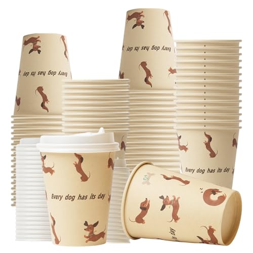 VIVAVENTURE 12 OZ 25 Pack Disposable Cups Paper Coffee Cups with Lids, Disposable Paper Cups for Cold/Hot Drinks, Eco-friendly Leak-Proof To Go Drinking Cups for Office Party Home Picnic & Travel (Dachshund Dog) - Image 1