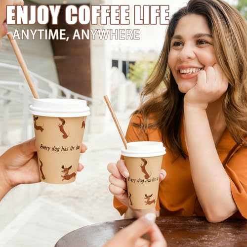 VIVAVENTURE 12 OZ 25 Pack Disposable Cups Paper Coffee Cups with Lids, Disposable Paper Cups for Cold/Hot Drinks, Eco-friendly Leak-Proof To Go Drinking Cups for Office Party Home Picnic & Travel (Dachshund Dog) - Image 2