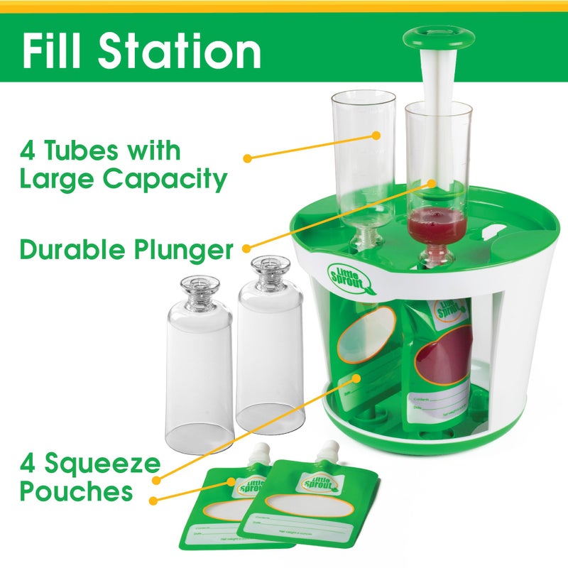 Sprout Cups Baby Food Maker for Infants & Toddlers (11 Piece Set)- 4 6oz Food Squeeze Purees at Once w/Fill Station, Pouches, Funnel, Tubes & Plunger- Dishwasher Safe & BPA Free for Semi-Solid Food, Gift - Image 2