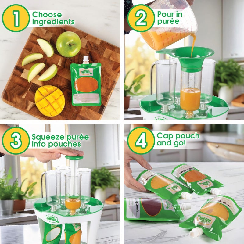 Sprout Cups Baby Food Maker for Infants & Toddlers (11 Piece Set)- 4 6oz Food Squeeze Purees at Once w/Fill Station, Pouches, Funnel, Tubes & Plunger- Dishwasher Safe & BPA Free for Semi-Solid Food, Gift - Image 3