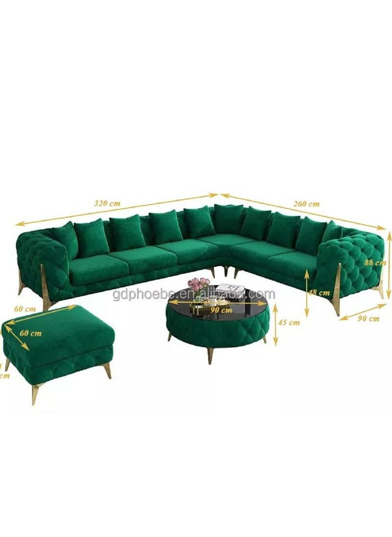 Ripple FURNITURE Luxury Traditional Velvet L Shape Chesterfield Sofa Set, Living Room Furniture With Golden Legs  7 Seaters Grey 320X90X88  - Image 2