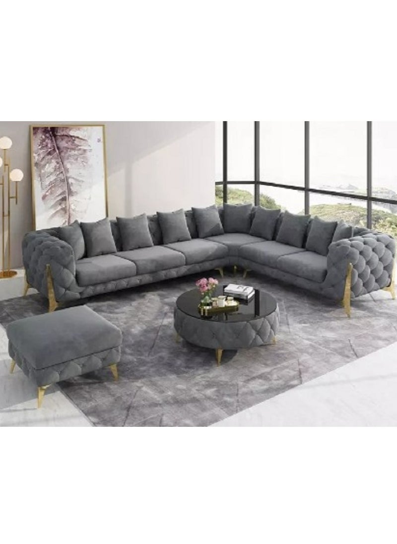 Ripple FURNITURE Luxury Traditional Velvet L Shape Chesterfield Sofa Set, Living Room Furniture With Golden Legs  7 Seaters Grey 320X90X88  - Image 1