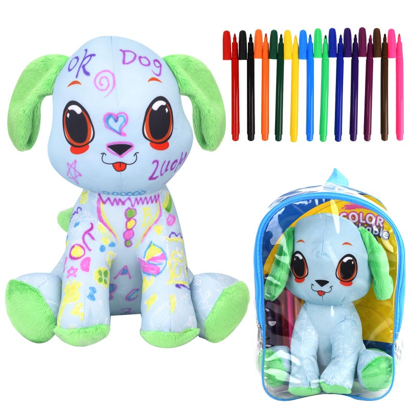 DRAWMYTOY Coloring Plush Toy with 12 Washable Markers for Little Girls Doodle Dolls Arts and Crafts Soft DIY Washable Doodle Stuffed Animal Toy for Kids Ages 46 Birthday Green Puppy - Image 3