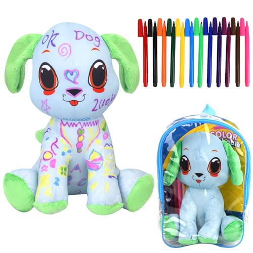 DRAWMYTOY Coloring Plush Toy with 12 Washable Markers for Little Girls Doodle Dolls Arts and Crafts Soft DIY Washable Doodle Stuffed Animal Toy for Kids Ages 46 Birthday Green Puppy - Image 1