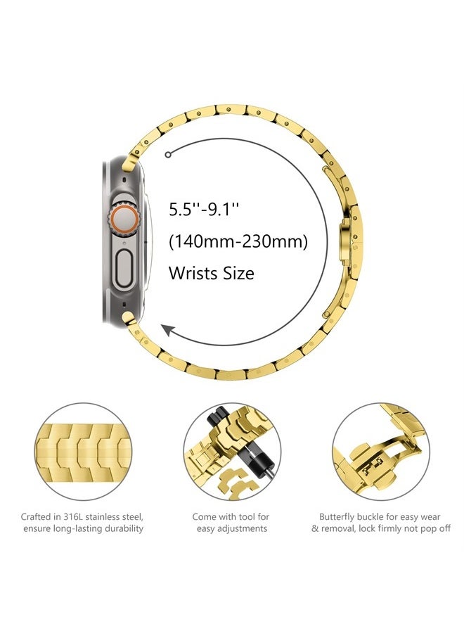 WINGLE - Compatible for Apple Watch Ultra Band 49mm 45mm 44mm 42mm Series 8 Series 7 Men, Metal Band Stainless Steel Strap Wristband for Apple iWatch Series 8 7 SE 6 5 4 3 2 1 Bracelet, Gold - Image 1