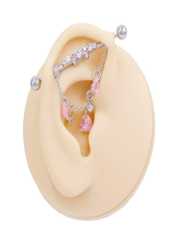 Zynova G23 Titanium Heart Chains Dangle Industrial Barbell Cartilage Earrings for Women Cute Pink CZ Crystal Cartilage Industrial Bar 38mm Industrial Piercing Jewelry - Image 2
