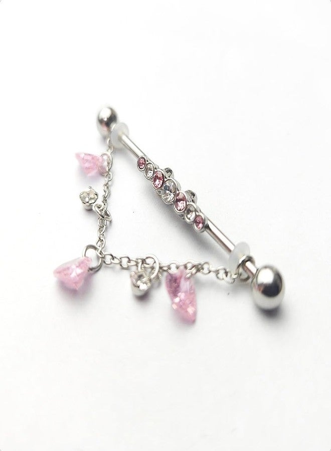 Zynova G23 Titanium Heart Chains Dangle Industrial Barbell Cartilage Earrings for Women Cute Pink CZ Crystal Cartilage Industrial Bar 38mm Industrial Piercing Jewelry - Image 5