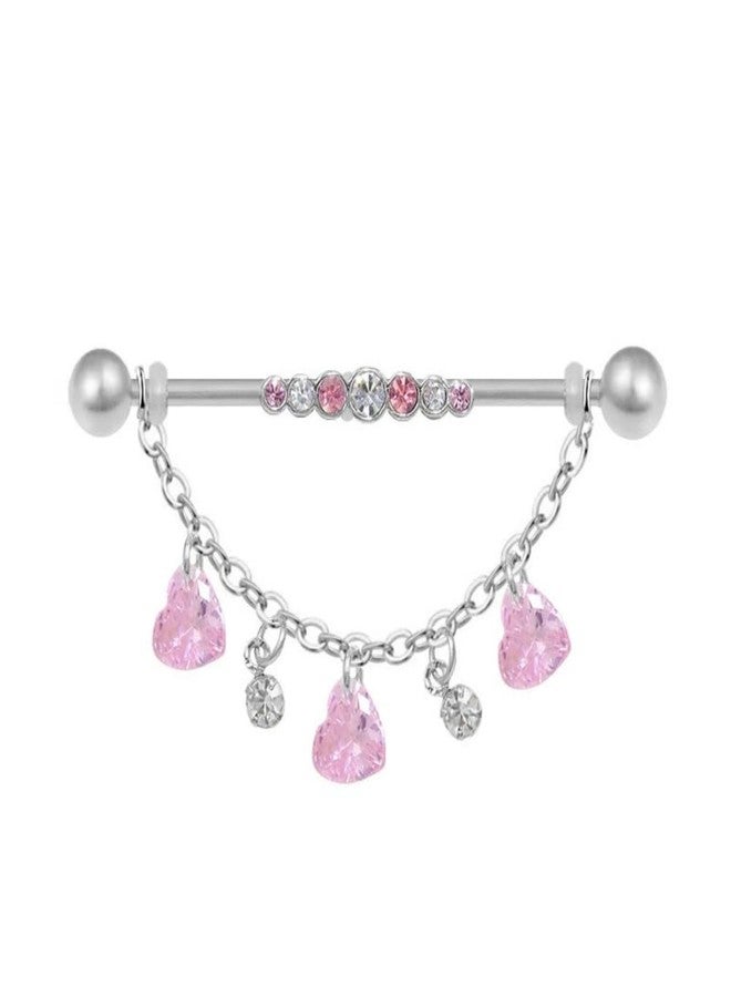 Zynova G23 Titanium Heart Chains Dangle Industrial Barbell Cartilage Earrings for Women Cute Pink CZ Crystal Cartilage Industrial Bar 38mm Industrial Piercing Jewelry - Image 1