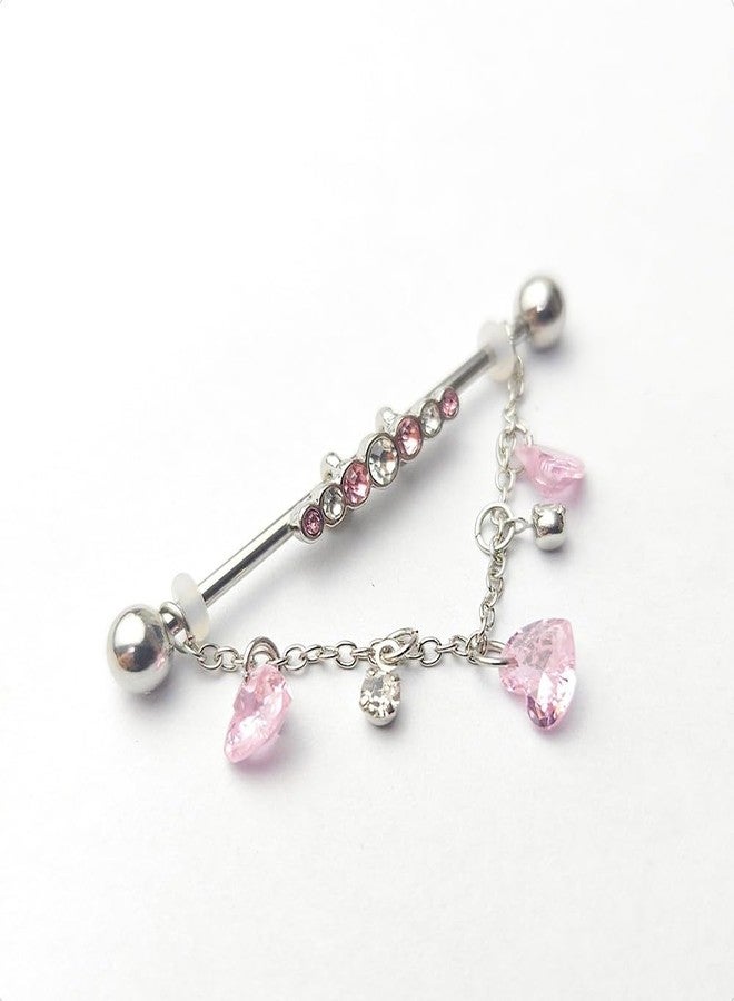 Zynova G23 Titanium Heart Chains Dangle Industrial Barbell Cartilage Earrings for Women Cute Pink CZ Crystal Cartilage Industrial Bar 38mm Industrial Piercing Jewelry - Image 3