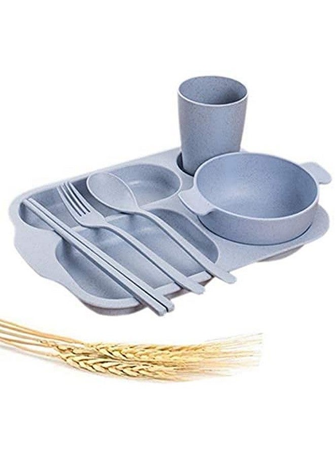 Hari مجموعة أدوات المائدة الصديقة للبيئة من حاري مصنوعة من قش القمح تتضمن طبق ووعاء وكوب وملعقة وشوكة وعيدان تناول الطعام، آمنة للاستخدام في الميكروويف وغسالة الصحون (أزرق) - Image 1