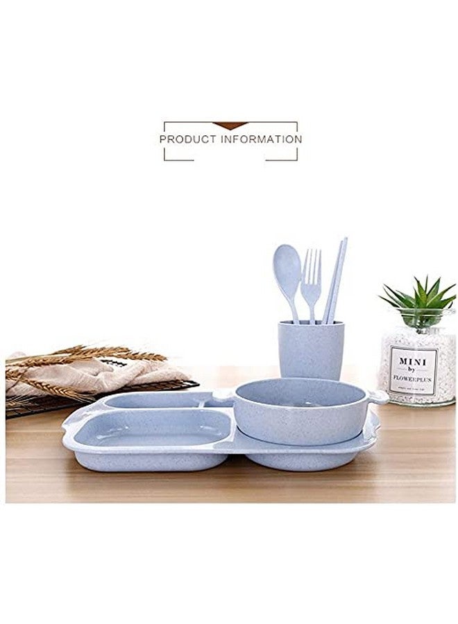 Hari مجموعة أدوات المائدة الصديقة للبيئة من حاري مصنوعة من قش القمح تتضمن طبق ووعاء وكوب وملعقة وشوكة وعيدان تناول الطعام، آمنة للاستخدام في الميكروويف وغسالة الصحون (أزرق) - Image 3