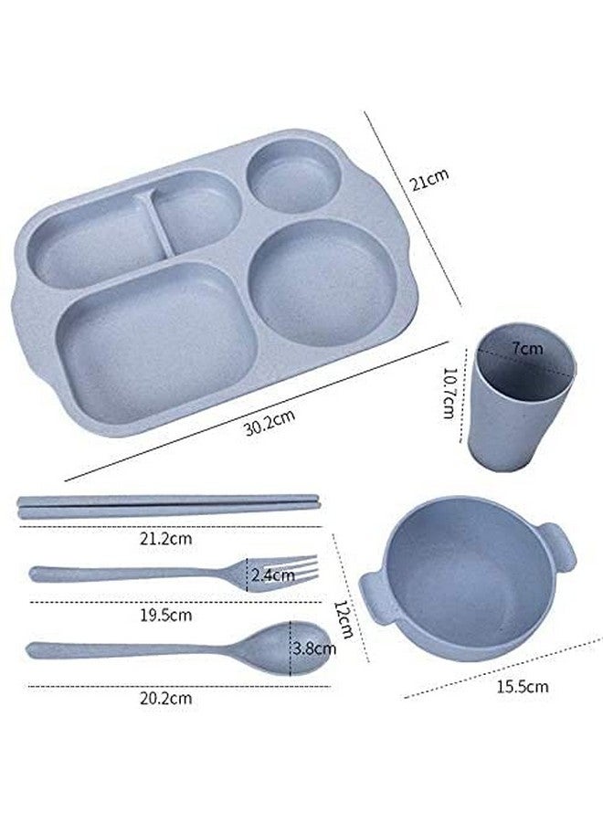 Hari مجموعة أدوات المائدة الصديقة للبيئة من حاري مصنوعة من قش القمح تتضمن طبق ووعاء وكوب وملعقة وشوكة وعيدان تناول الطعام، آمنة للاستخدام في الميكروويف وغسالة الصحون (أزرق) - Image 2