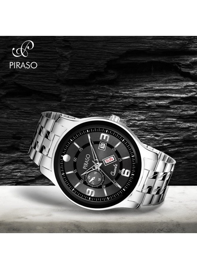 PIRASO Stainless Steel Analog Day And Date Working Display Black Dial & Silver Chain Watch For Men & Boys - Image 3