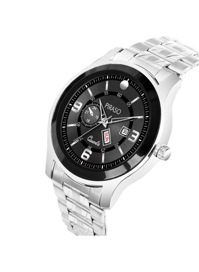 PIRASO Stainless Steel Analog Day And Date Working Display Black Dial & Silver Chain Watch For Men & Boys - Image 2