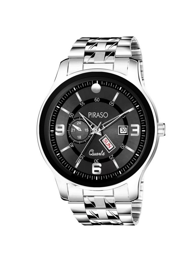 PIRASO Stainless Steel Analog Day And Date Working Display Black Dial & Silver Chain Watch For Men & Boys - Image 1